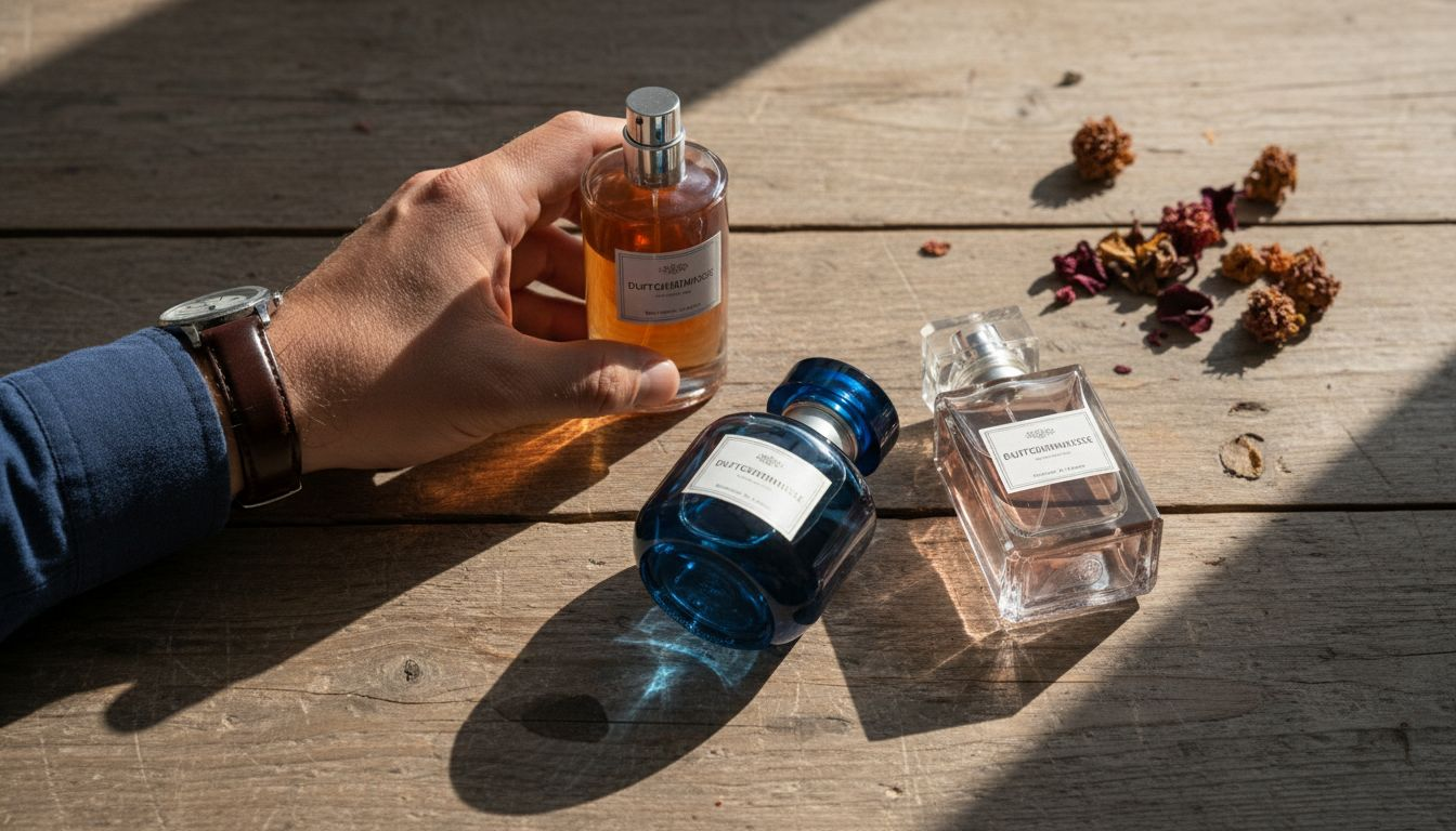 Auf dem alten, abgenutzten Holztisch stehen mehrere Parfümflakons.