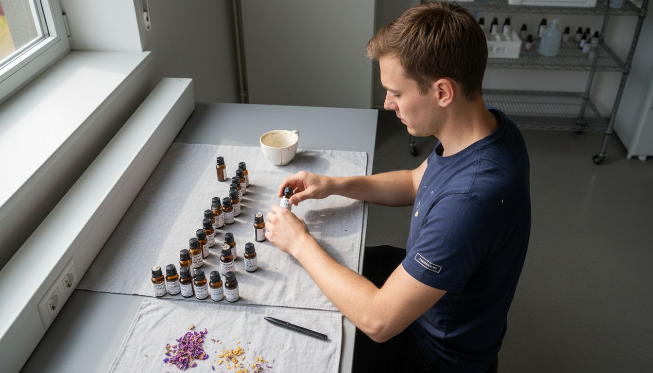 In een laboratorium is een man bezig met het sorteren van ingrediënten die gebruikt worden voor parfum.