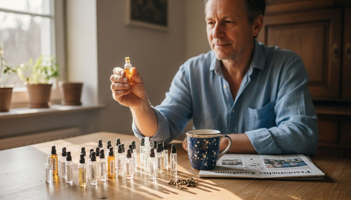 Ein Mann vergleicht die Größen von Parfümprobefläschchen.