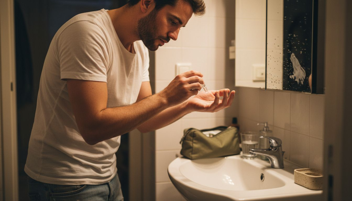 Ein Mann trägt zu Hause Parfüm auf sein Handgelenk auf.