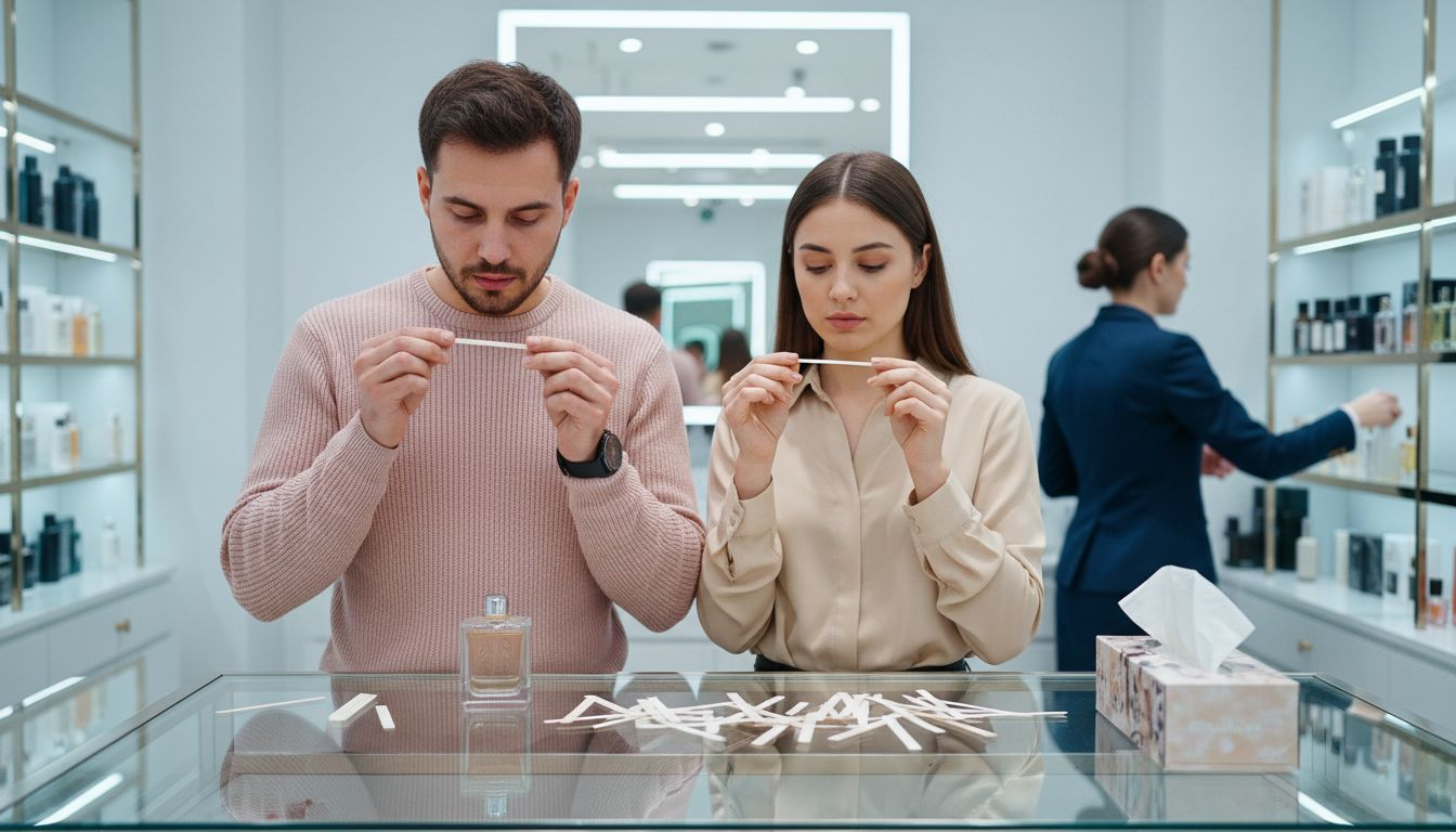 In de parfumerie proberen klanten de nieuwste geuren van bekende merken uit.