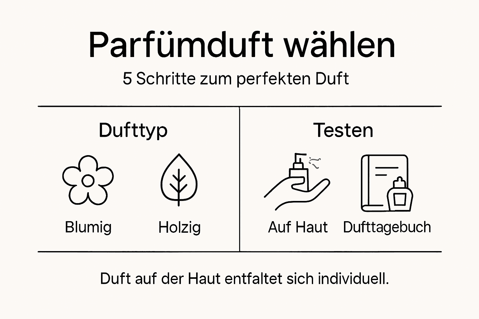 Eine anschauliche Grafik, die zeigt, wie man Schritt für Schritt den passenden Duft findet.