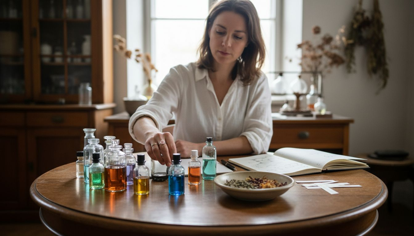 De parfumeur maakt een zorgvuldige selectie uit de ingrediënten die op tafel liggen.