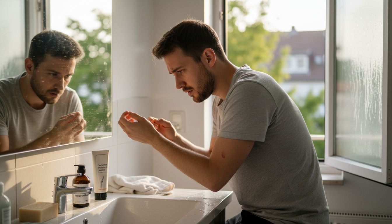 Ein Mann prüft, ob seine Haut auf das Parfum allergisch reagiert.