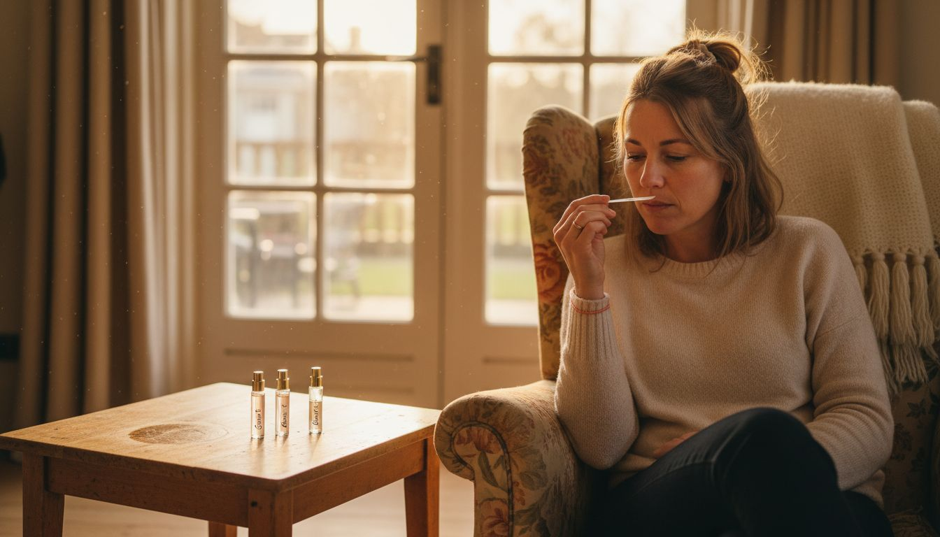 Een vrouw ruikt aan een parfumstaal in haar woonkamer.