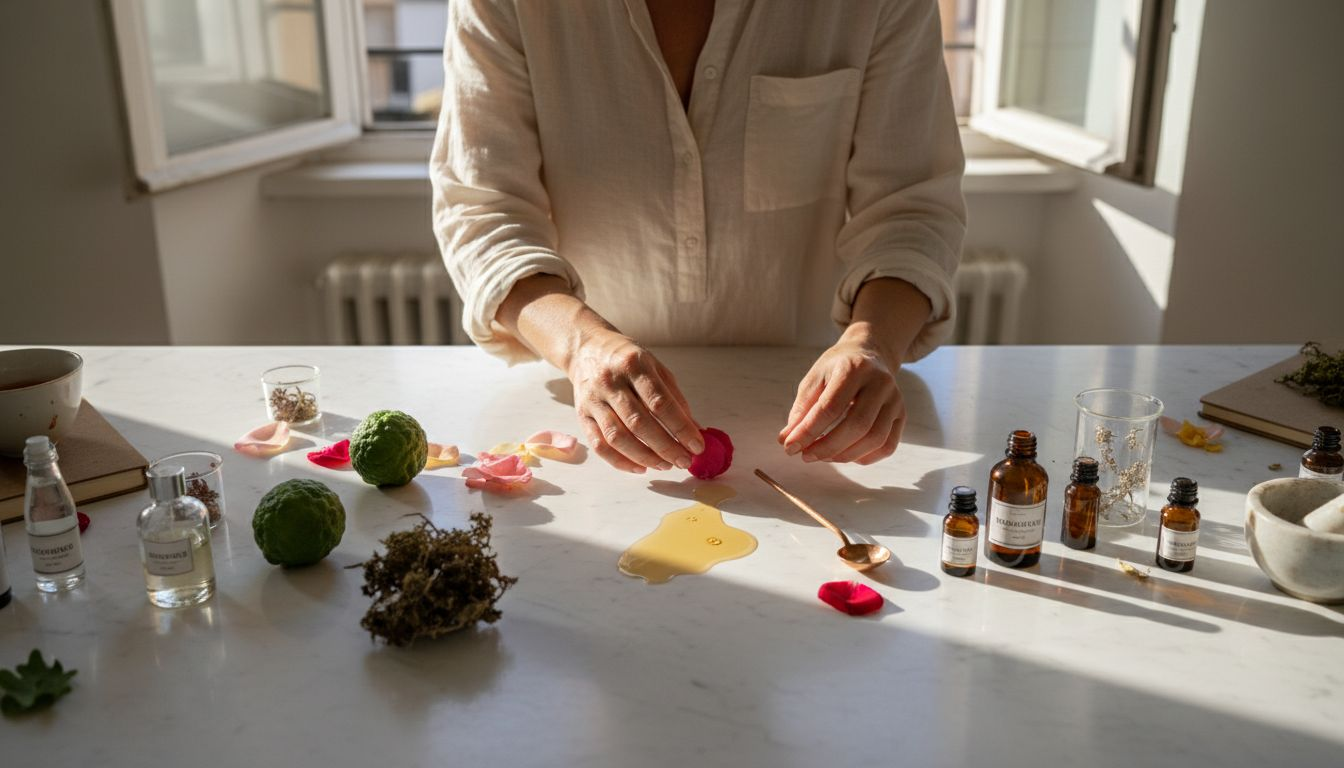 Die charakteristischen Duftnoten eines Chypre-Parfums kunstvoll auf einer Marmorplatte arrangiert.