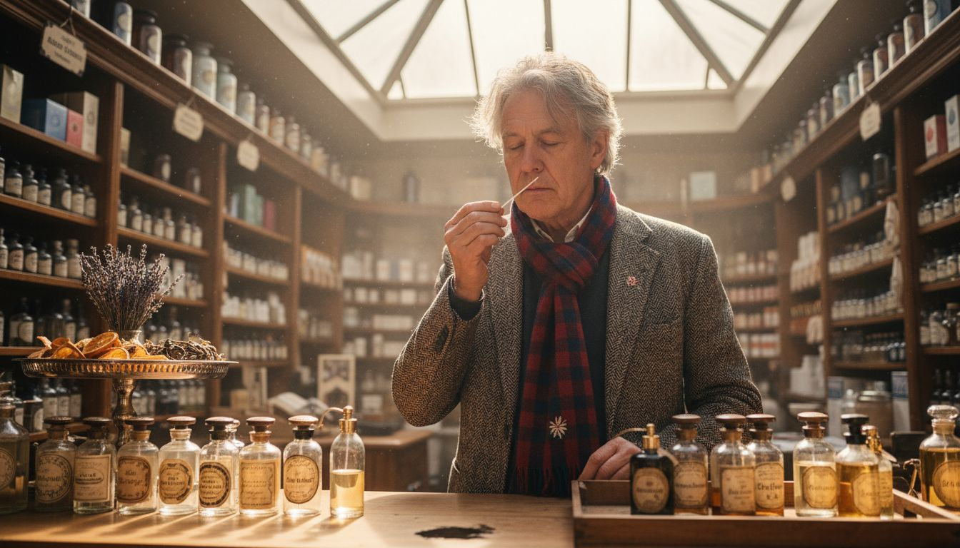 Een man probeert verschillende geurtjes uit in een gezellige parfumerie.