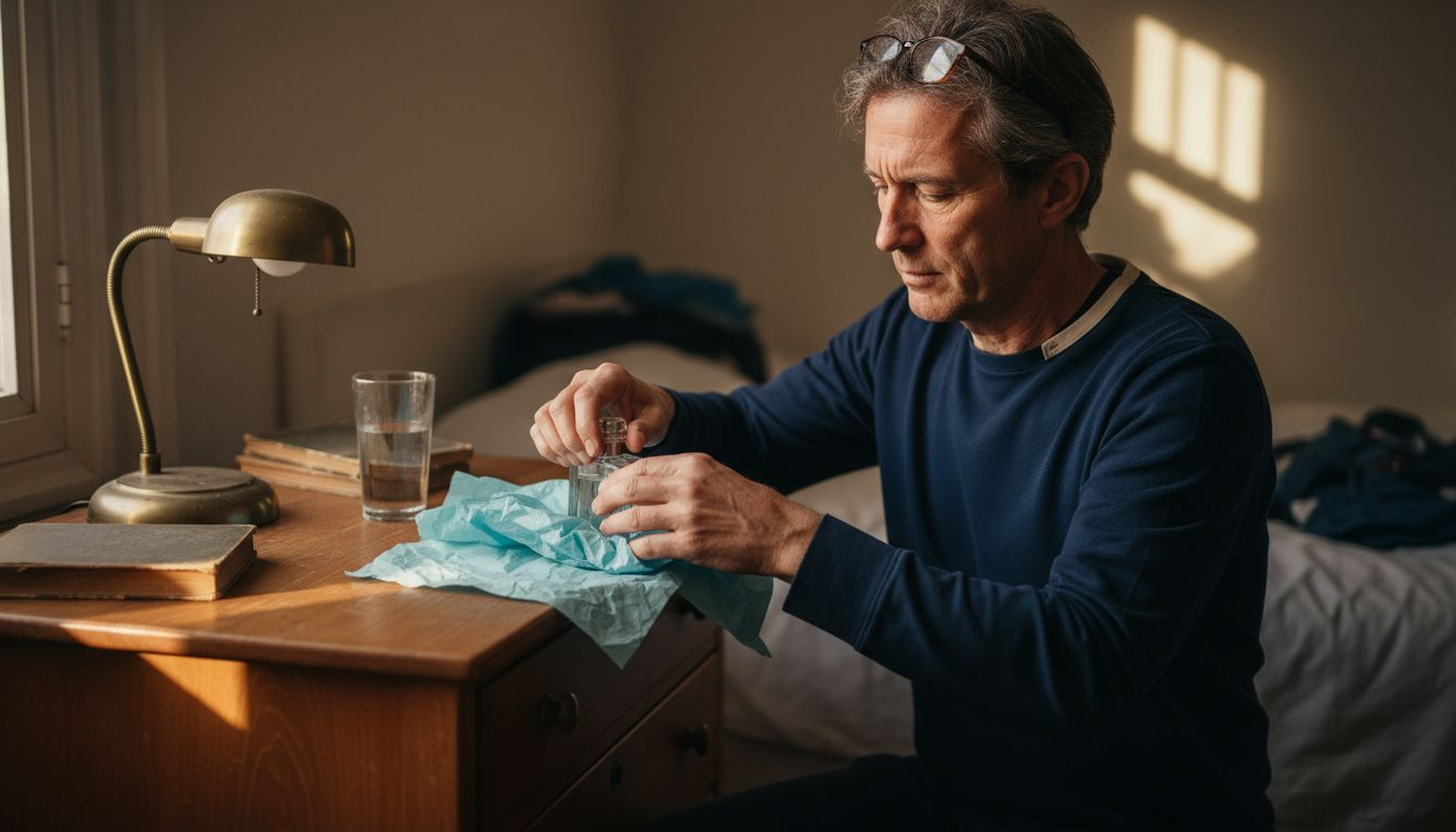 Een man pakt een flesje parfum zorgvuldig in vloeipapier in terwijl hij bij het dressoir staat.