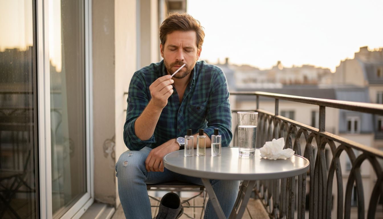 Op het balkon probeert een man verschillende geurtjes uit.