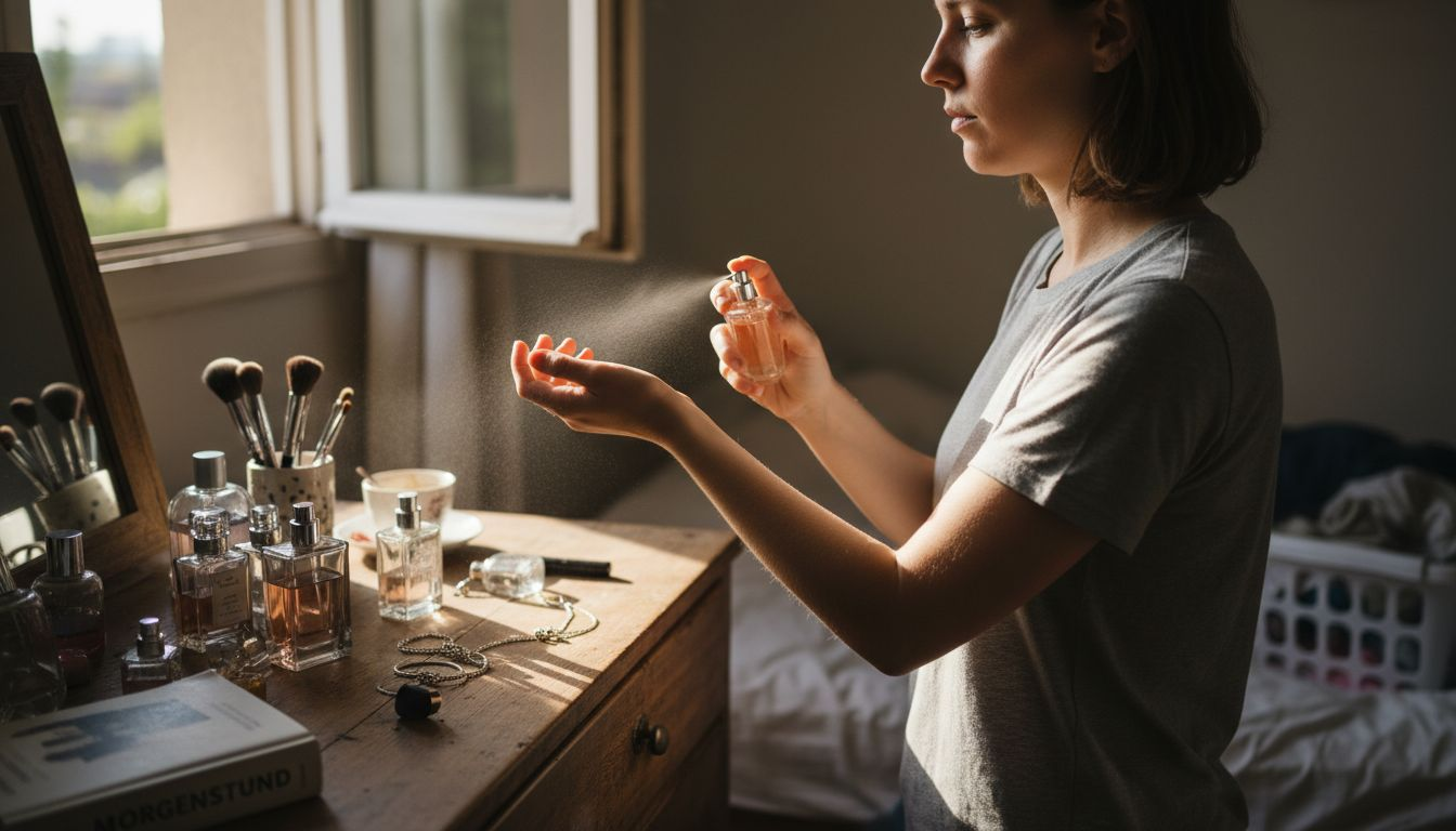 Nahaufnahme: Eine Frau trägt Parfum auf ihr Handgelenk auf.