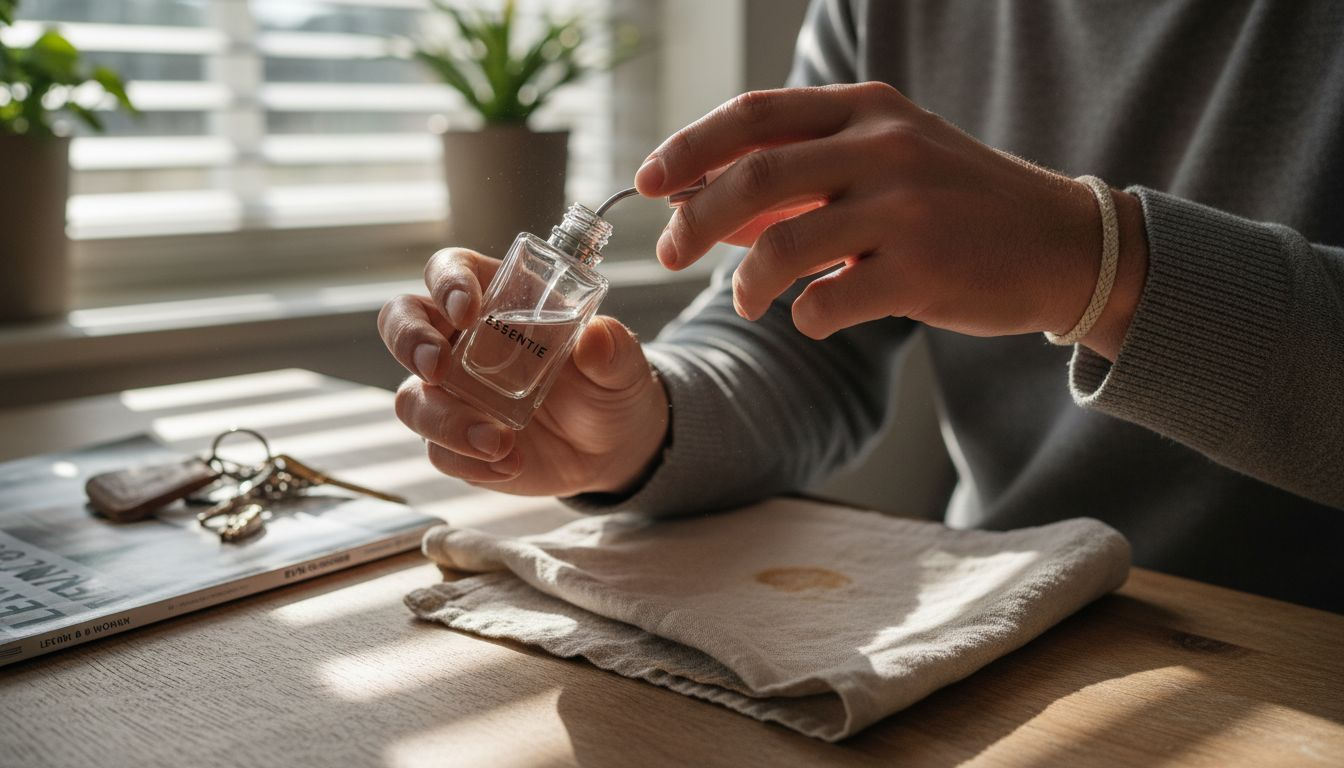 Met aandacht wordt een parfumflesje bijgevuld in de keuken.