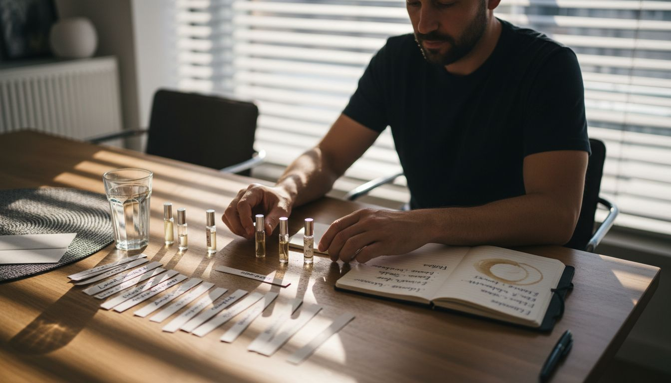 Ein Mann sitzt am Tisch und schnuppert an verschiedenen Parfümproben, um sie miteinander zu vergleichen.
