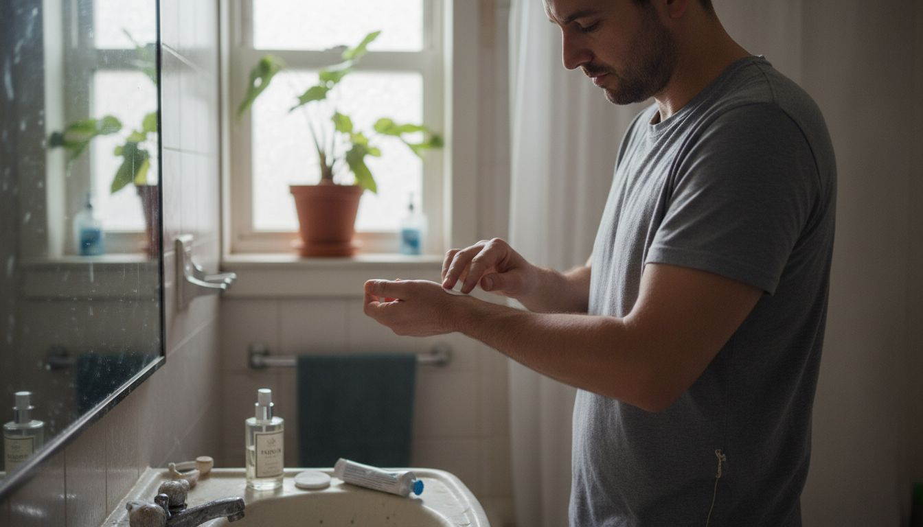 Man besteedt aandacht aan zijn huid voordat hij parfum opdoet.