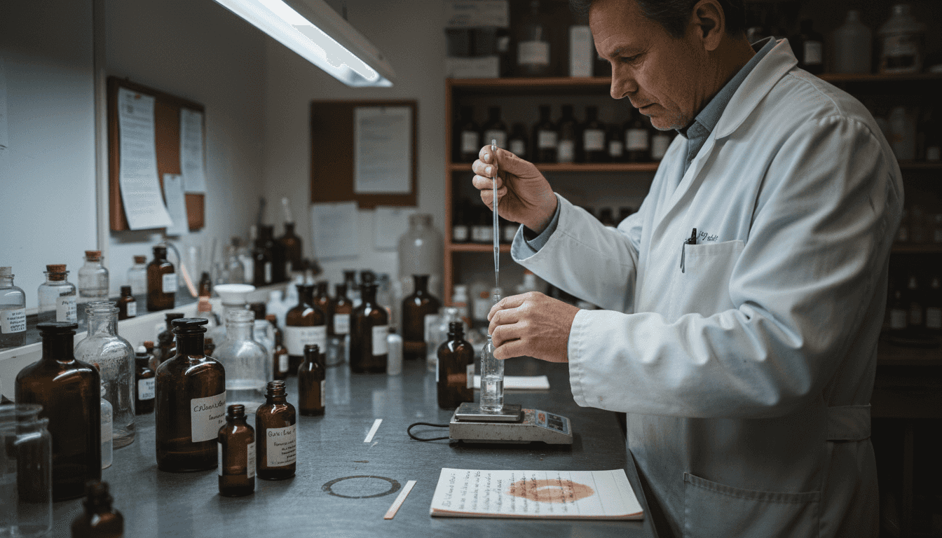 Een chemicus stelt in het laboratorium zorgvuldig de ingrediënten samen voor een nieuw parfum.