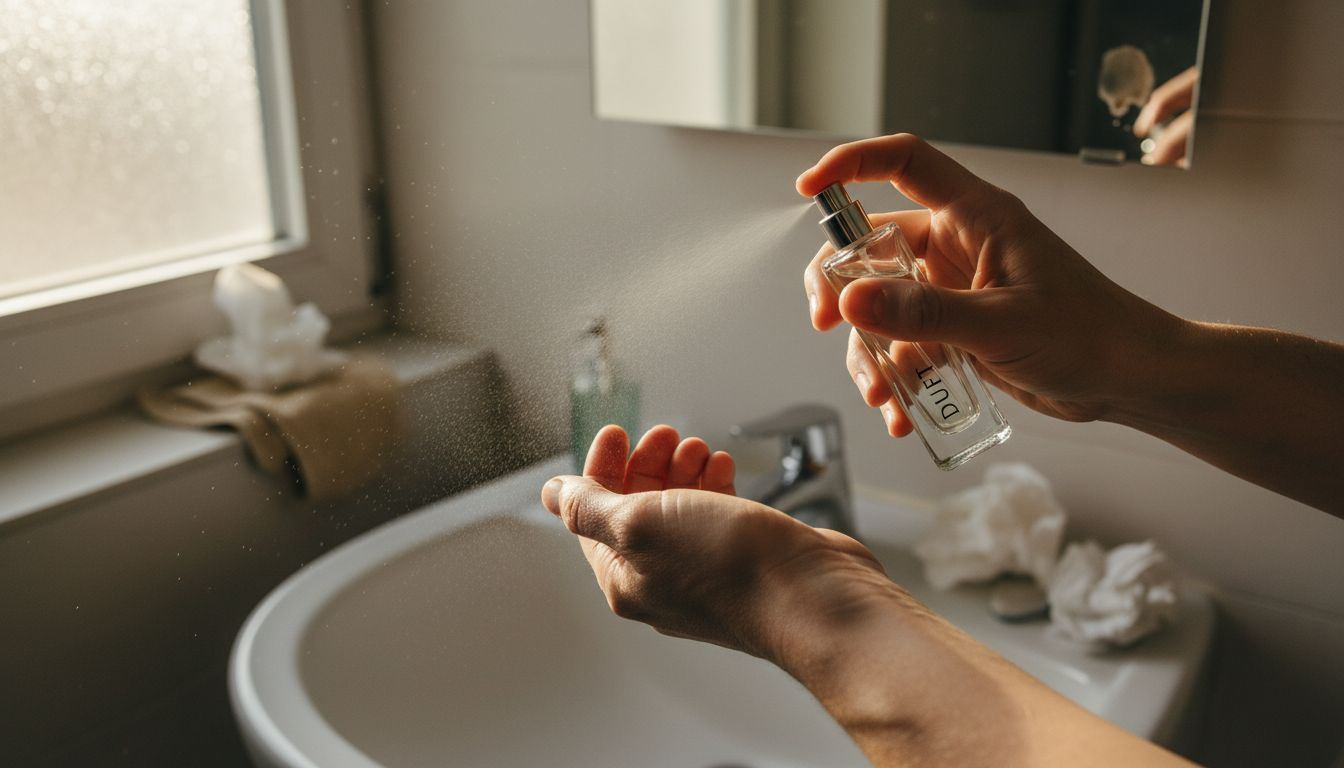 Detailaufnahme: Wie Parfum auf die Haut aufgetragen wird