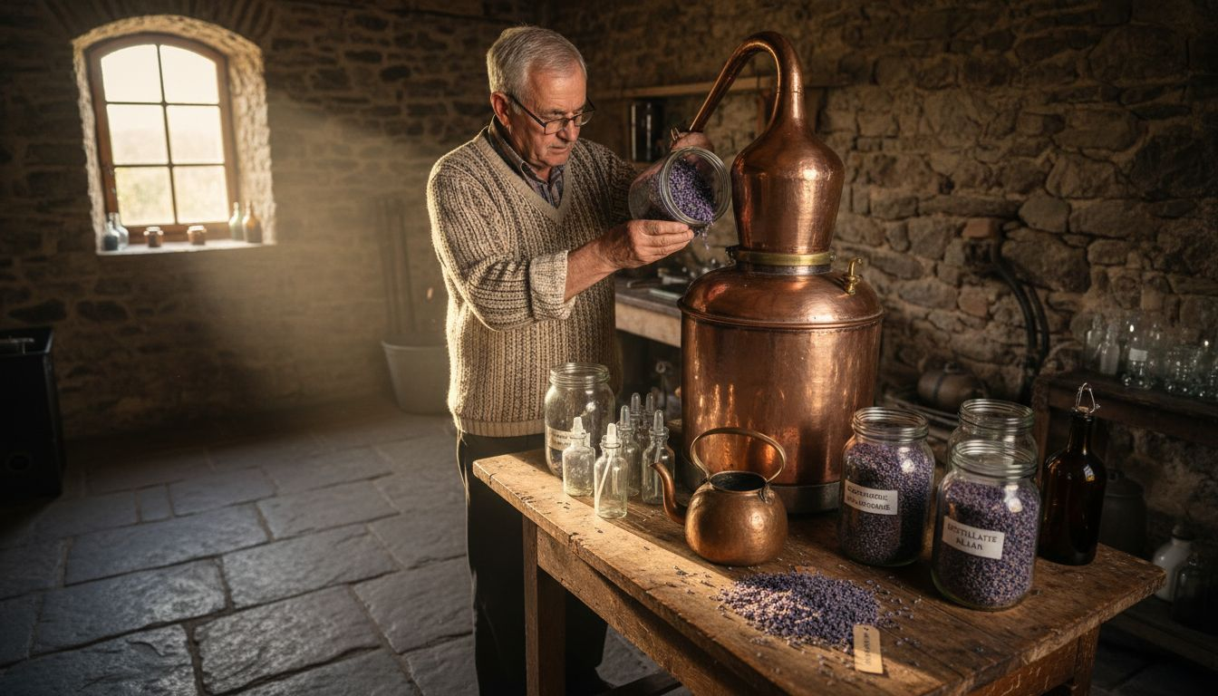 Een ambachtelijke parfumeur is in zijn atelier bezig met het distilleren van lavendel tot een verfijnd parfum.
