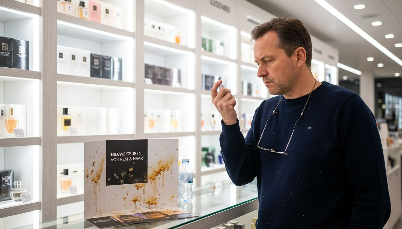 Man probeert parfum uit op zijn pols bij het display