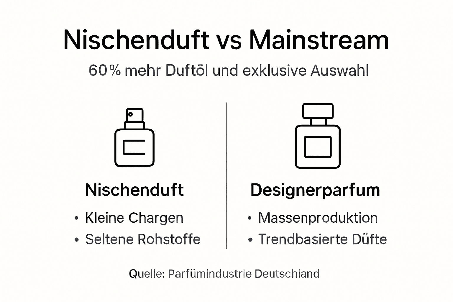 In dieser Infografik werden Nischendüfte und Designerparfums gegenübergestellt – so sehen Sie auf einen Blick die wichtigsten Unterschiede und Gemeinsamkeiten.