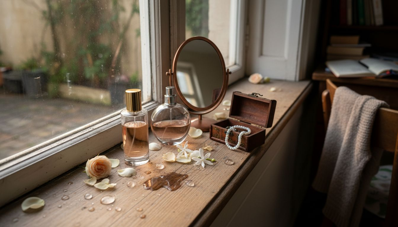 Een rijtje parfumflesjes tussen kleurrijke bloemen op de vensterbank