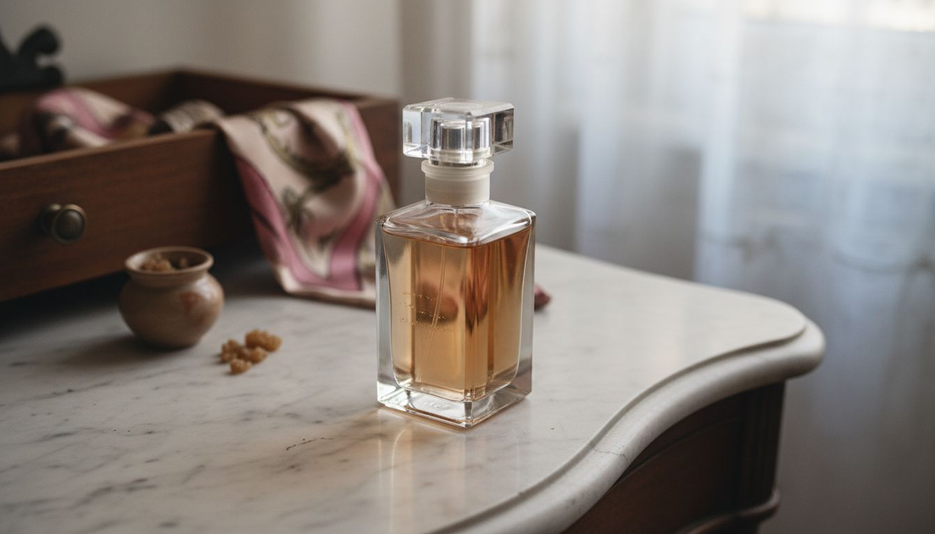 Detailopname van een parfumfles waarin de basisnoten mooi naar voren komen.