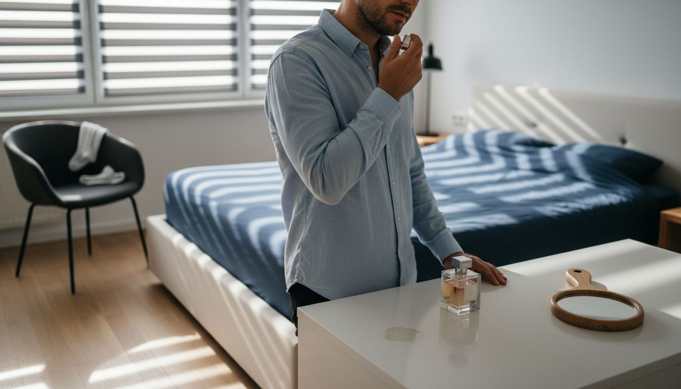 Viele Männer tragen ihr Parfüm gerne am Hals auf, weil der Duft dort besonders lange hält.