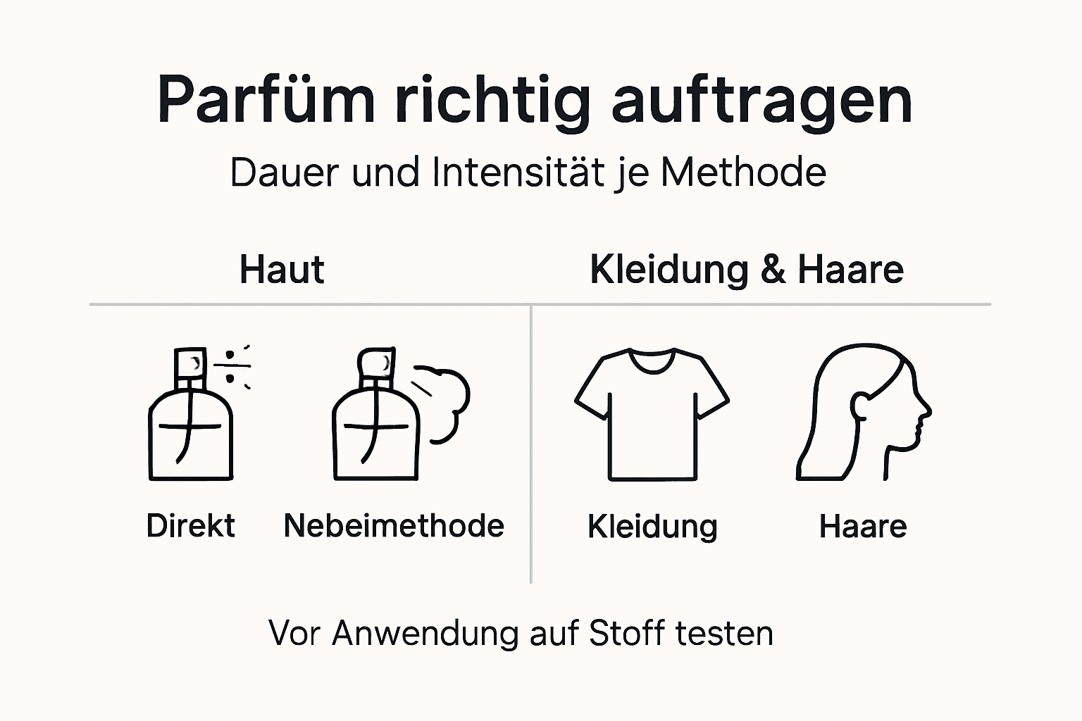 In dieser Infografik werden verschiedene Möglichkeiten vorgestellt, wie man Parfüm richtig aufträgt.