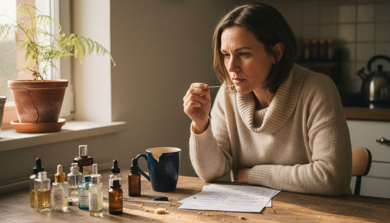 Eine Frau probiert verschiedene Parfümproben am Küchentisch aus.