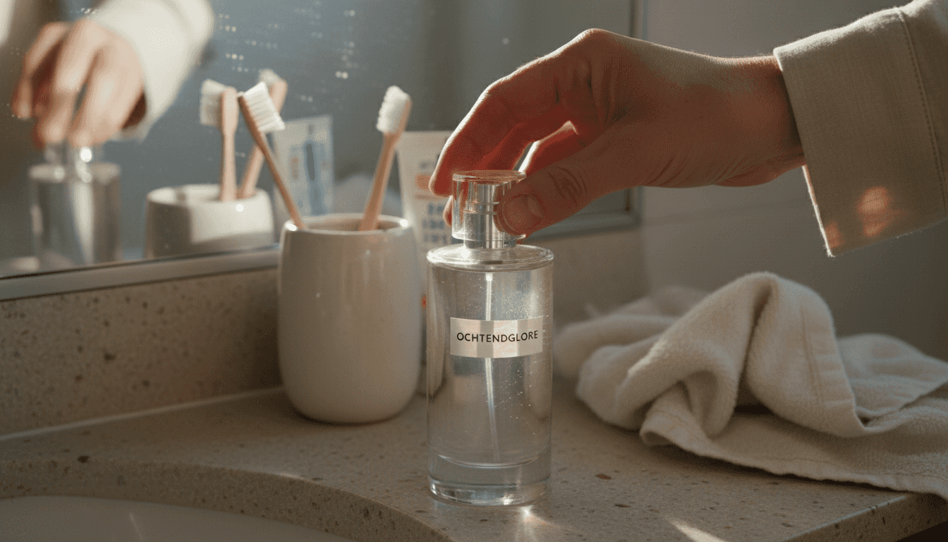 Een hand houdt een flesje parfum vast in de badkamer.