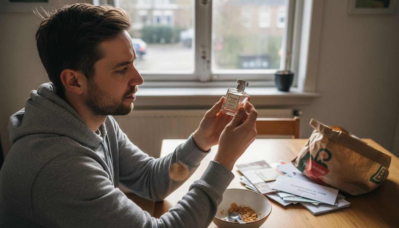 Een man zit aan de keukentafel en bekijkt aandachtig een parfumflesje.