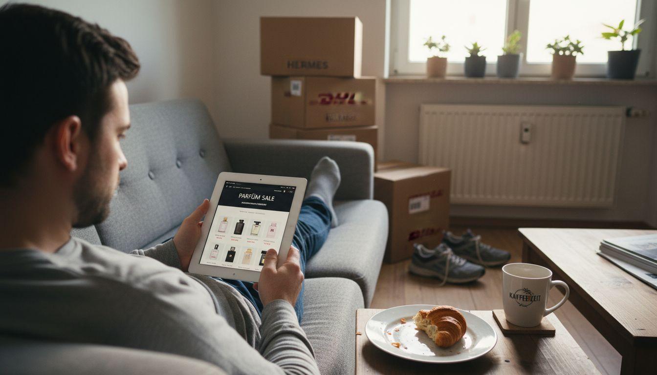 Ein Mann bestellt günstiges Parfum bequem von zu Hause aus im Internet.