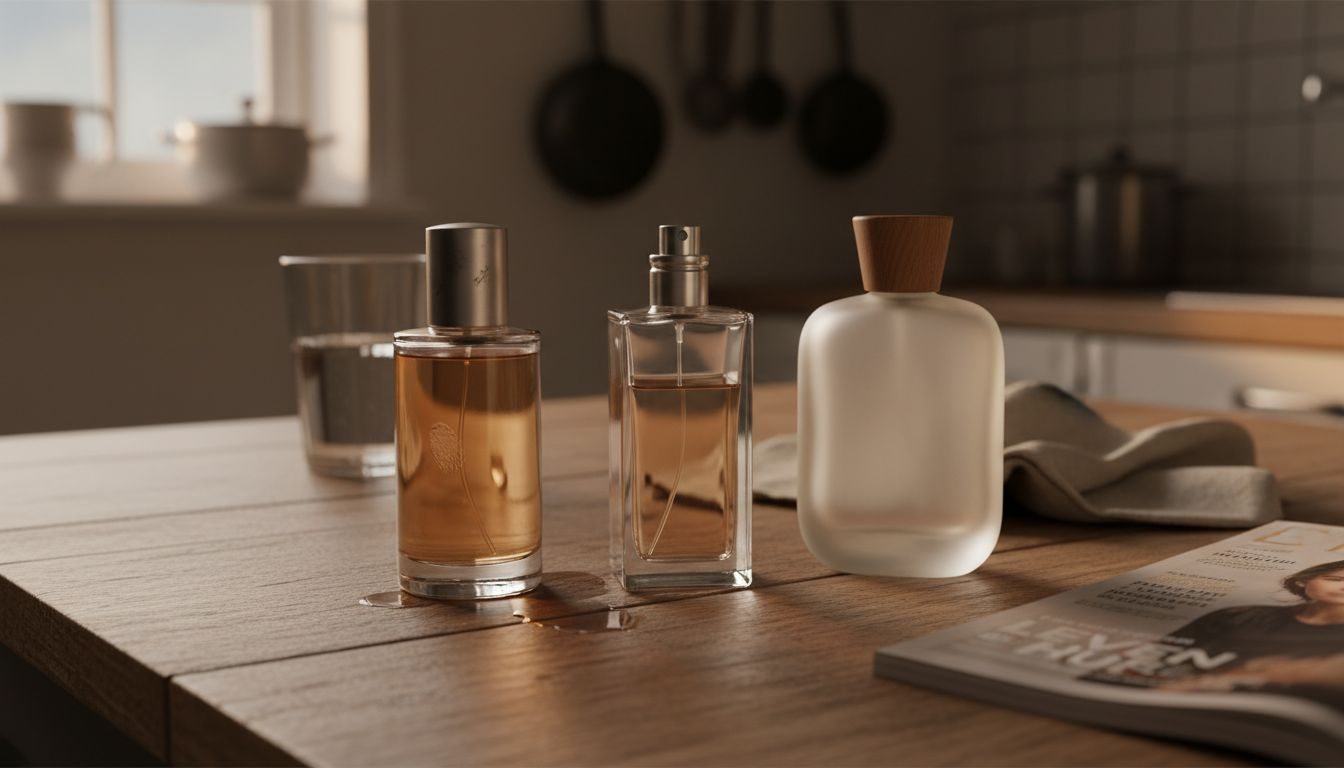 Sfeervolle parfumflesjes met verfijnde details op een houten tafel