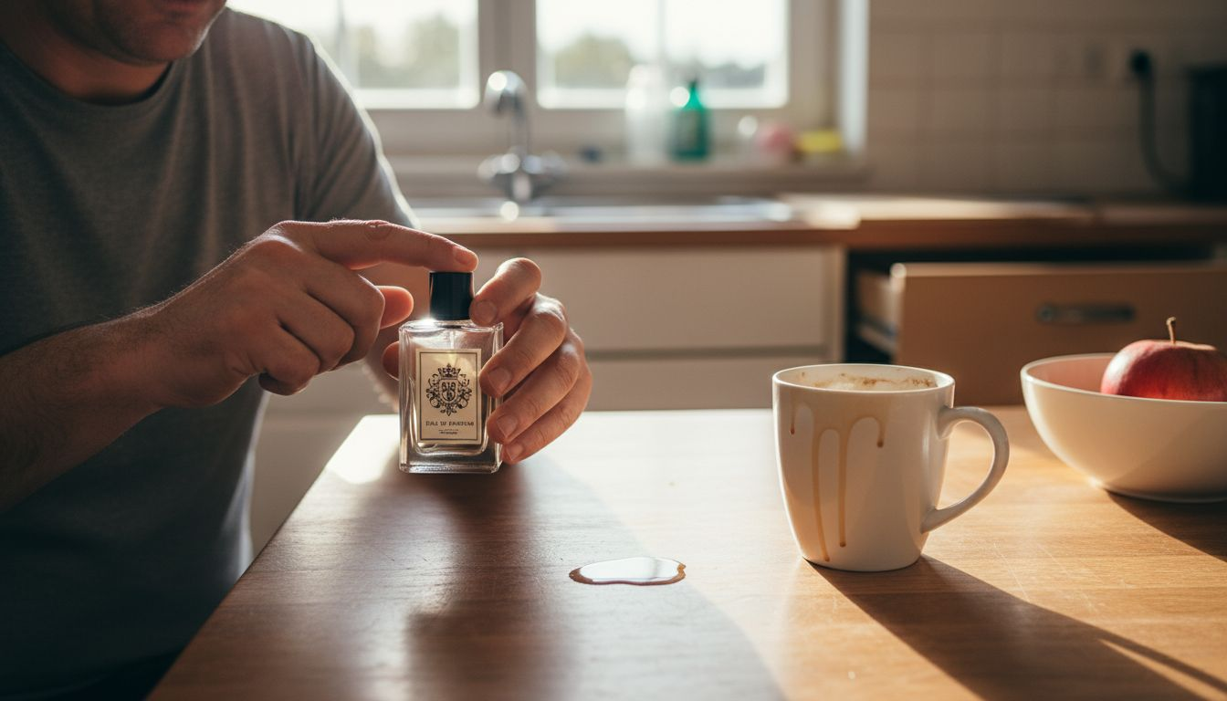Ein Mann prüft den Duft eines Parfums, indem er ihn auf sein Handgelenk aufsprüht.