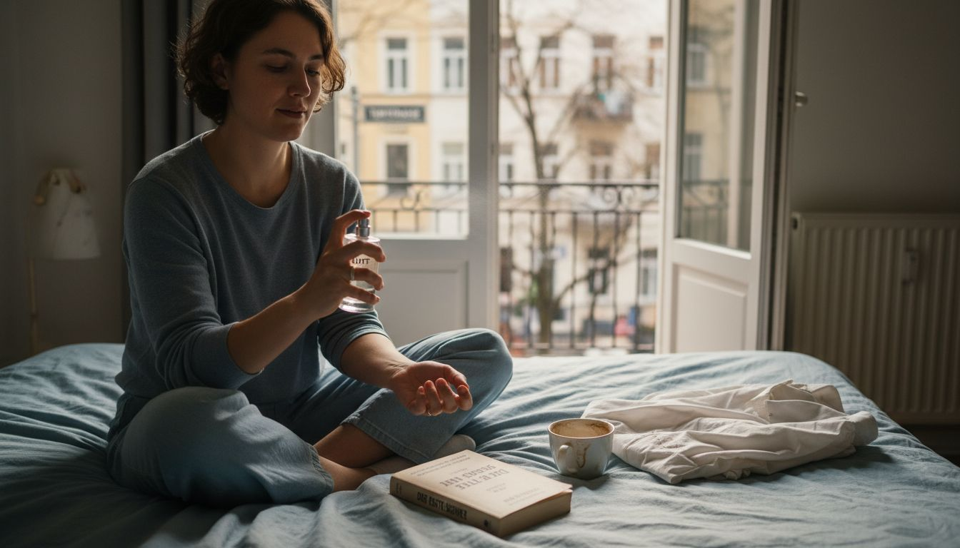 In einer Berliner Wohnung sprüht sich jemand ein modernes Unisex-Parfüm auf.