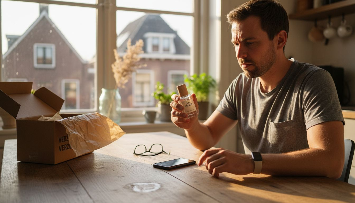 Een man bekijkt een flesje namaakparfum aan de keukentafel.