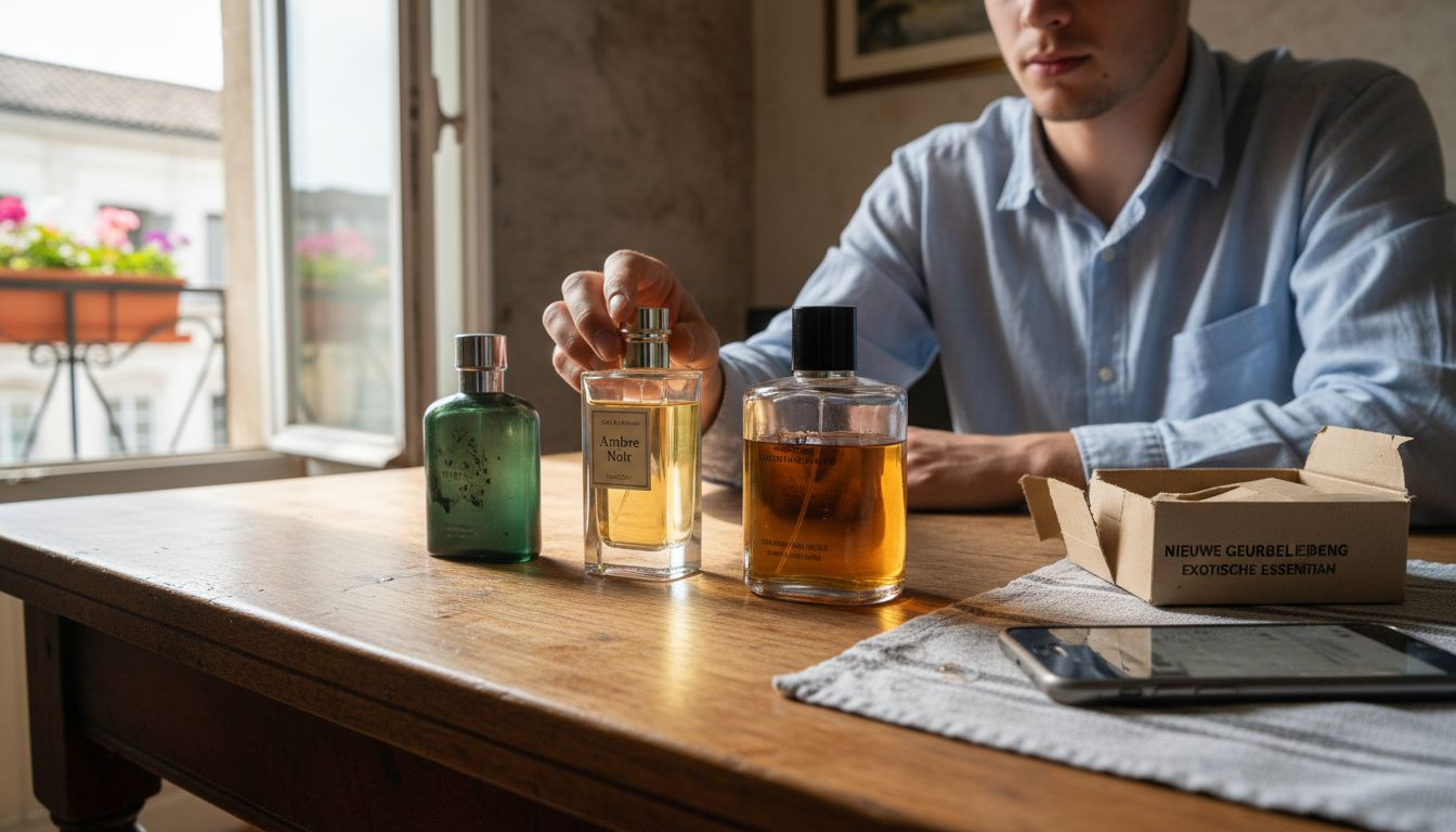 Man experimenteert met parfumsterkte aan de keukentafel