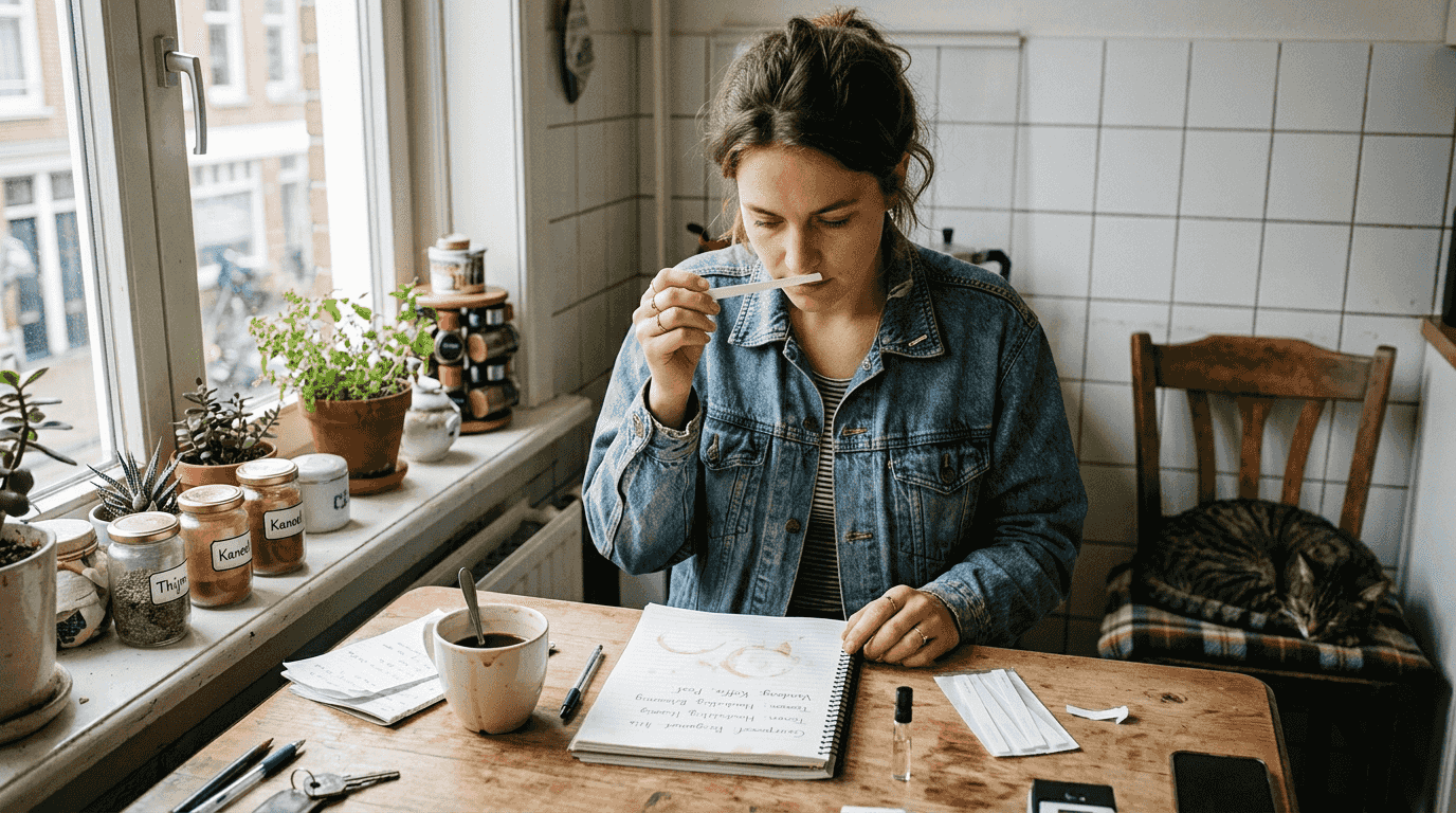 Een vrouw zit aan de keukentafel en ruikt aandachtig aan een geurstrip.