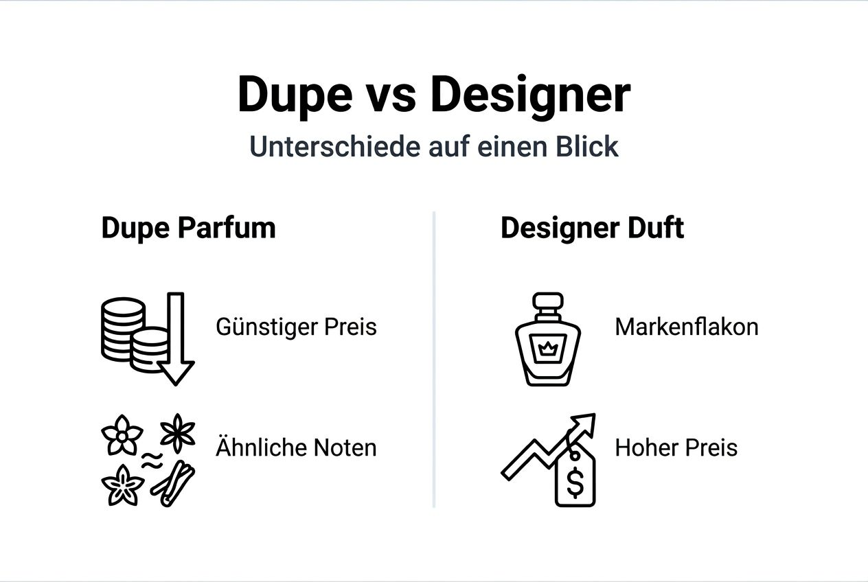 Infografik: Dupe-Parfums vs. Designer-Düfte – die wichtigsten Unterschiede auf einen Blick