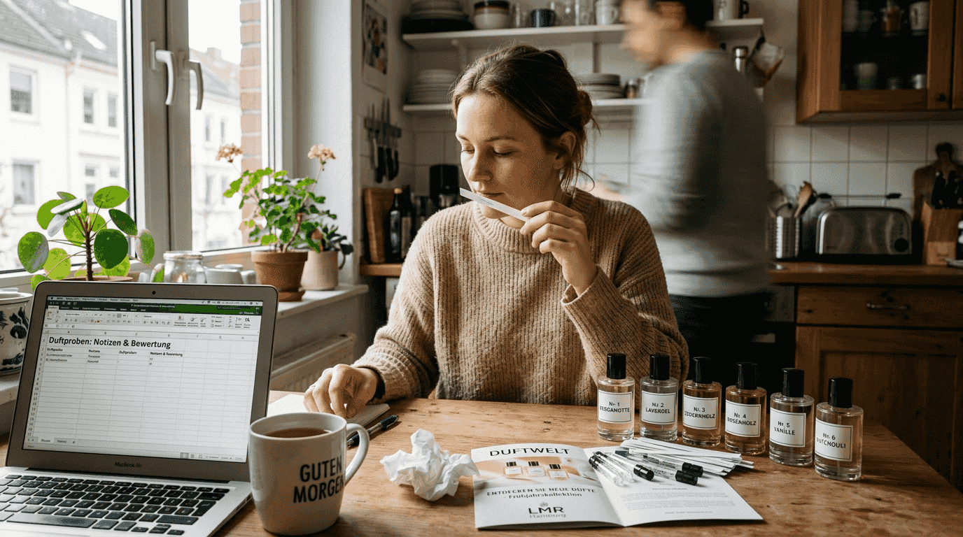 Am Küchentisch probiert eine Frau verschiedene günstige Parfums aus.