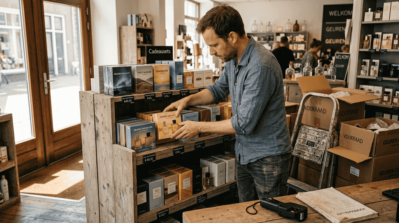 Een medewerker van de winkel zet de parfumpromoties netjes op hun plek.