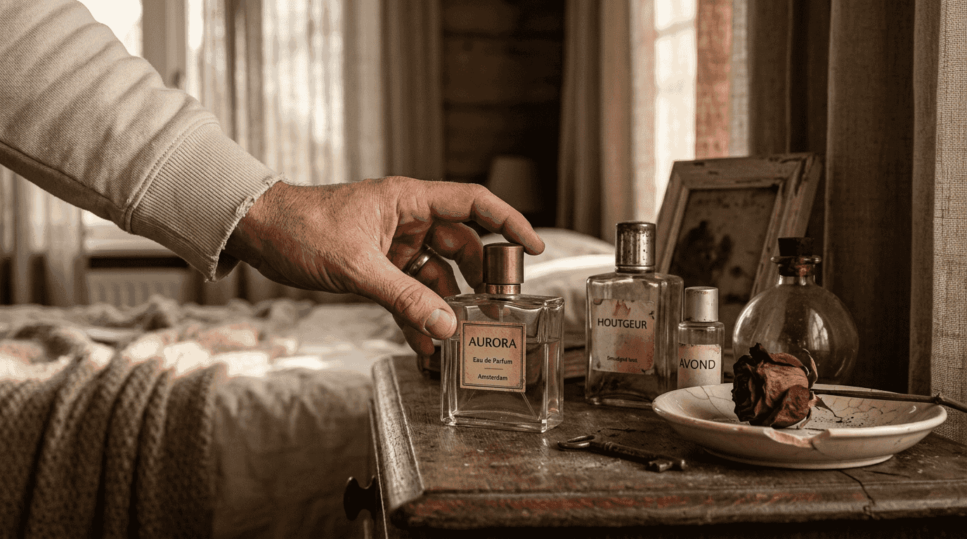 Een hand die tussen verschillende parfumflesjes reikt om er één uit te kiezen.
