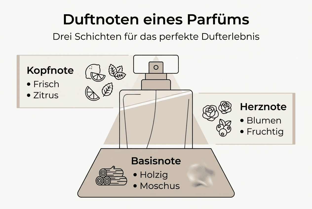 Eine anschauliche Infografik zeigt, wie sich die einzelnen Duftnoten eines Parfüms zusammensetzen.
