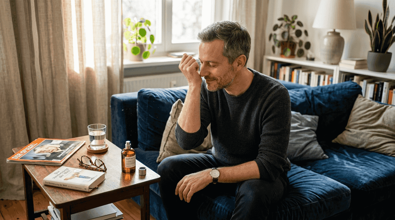 Ein Mann prüft, wie sich der Duft auf seinem Handgelenk entwickelt.