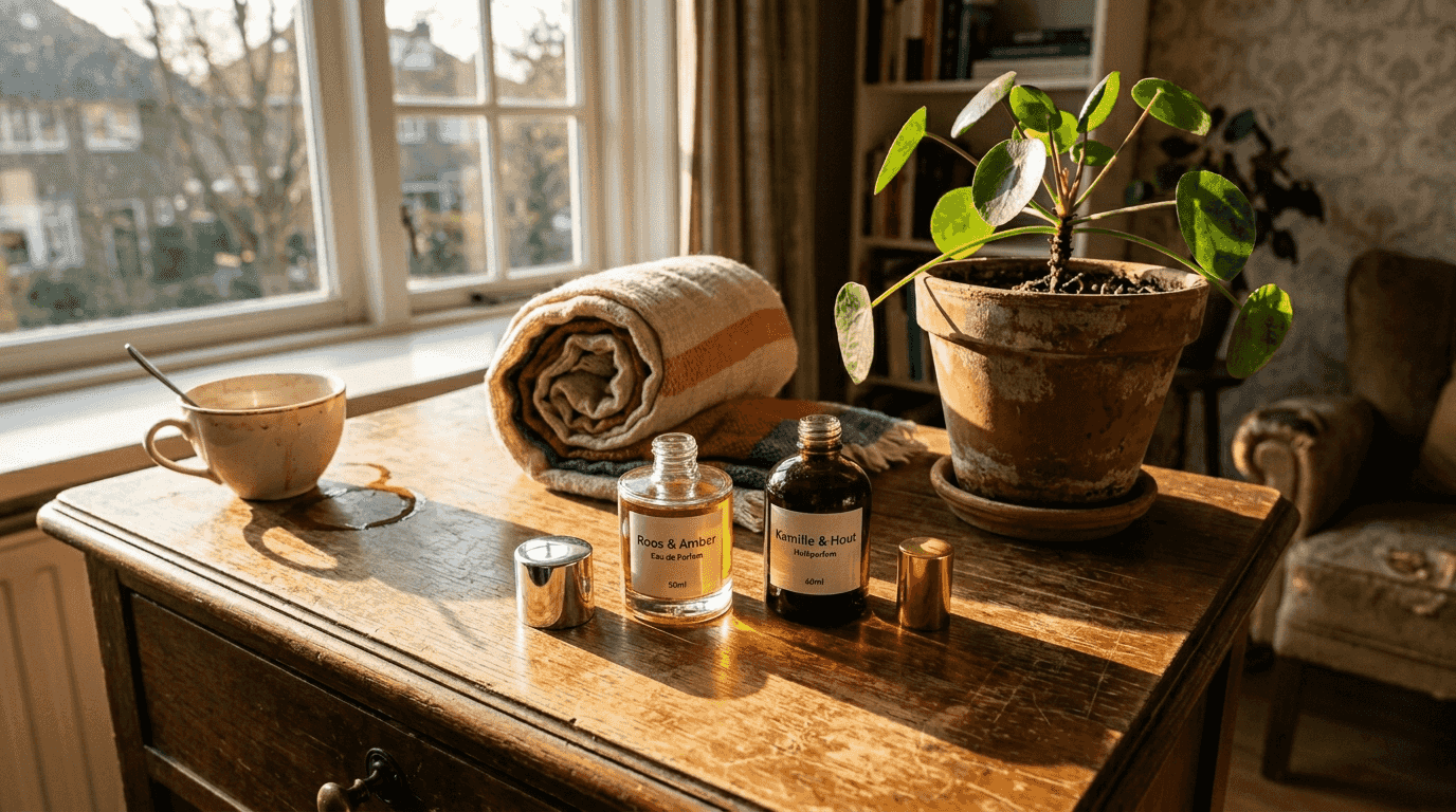 Een paar mooie parfumflesjes en een elegante sjaal liggen sfeervol op het houten dressoir.