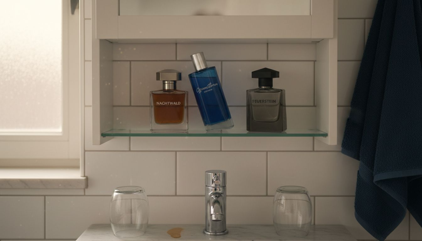 Edle Parfumflakons namhafter Designer schmücken das Regal im Badezimmer.