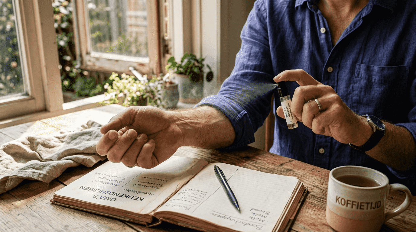 Close-up van iemand die parfum op zijn pols spuit