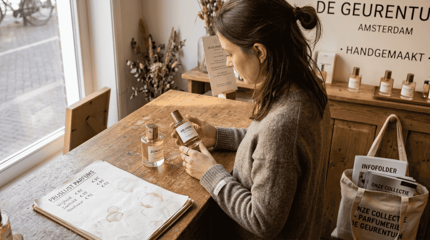 Een klant staat in de winkel en vergelijkt verschillende parfumsoorten op basis van hun concentratie.