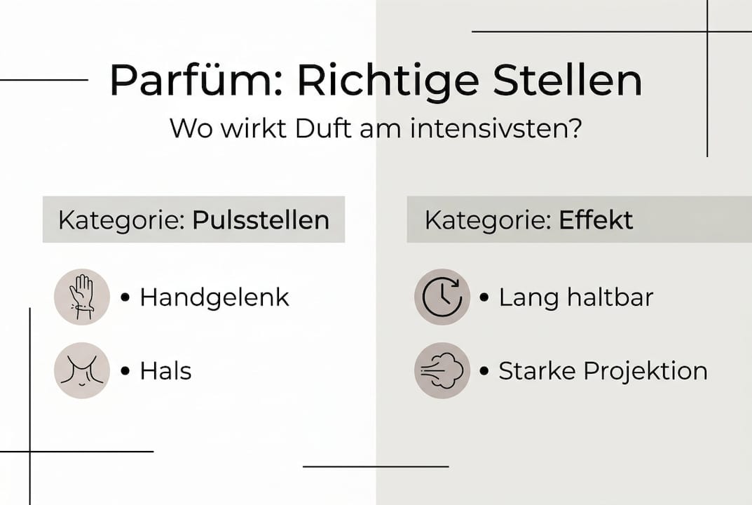 Die Infografik zeigt, an welchen Körperstellen Parfüm am besten aufgetragen wird und wie sich der Duft dort entfaltet.
