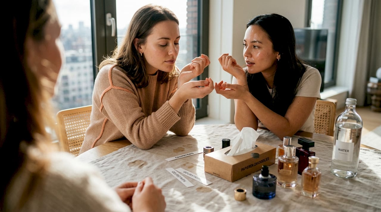 Twee vrienden testen hoe hetzelfde parfum zich op hun verschillende huidtypes ontwikkelt.