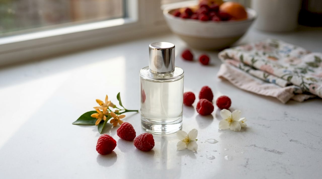 Parfumflesje met een verfrissende mix van fruitige en bloemige geurnoten