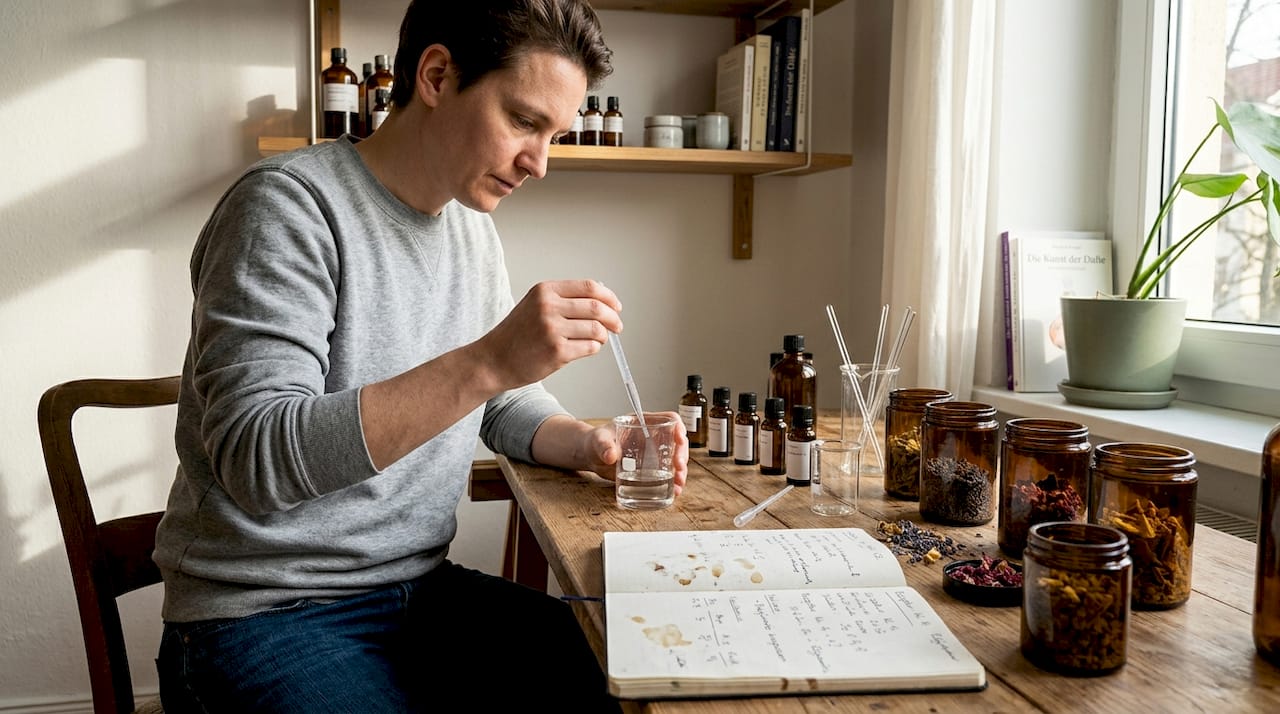 Ein Parfümeur experimentiert in seinem eigenen Studio zu Hause mit verschiedenen Duftnoten und kreiert neue Kompositionen.